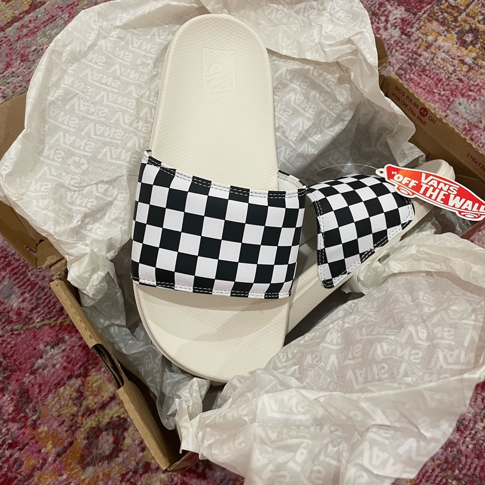 New in box checkered Vans slides
